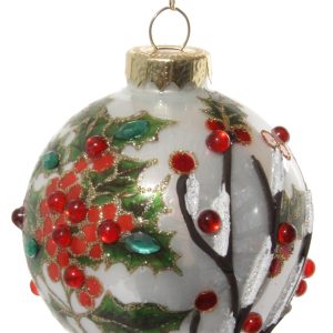 Bola de Natal branca com azevinho