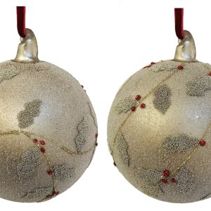 Bola de Natal bege com brilhantes e ramos