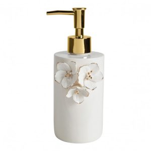 Dispensador de sabão branco com flores
