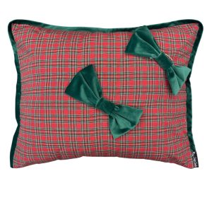 Almofada Xadrez Vermelho com Laços Verdes em Veludo - 40x50 cm